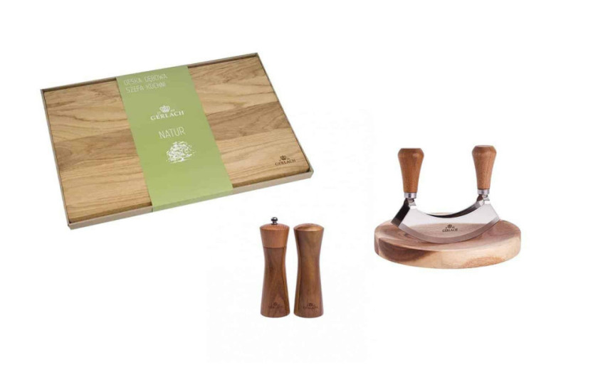 NATUR wooden salt and pepper mill + board + herb chopper